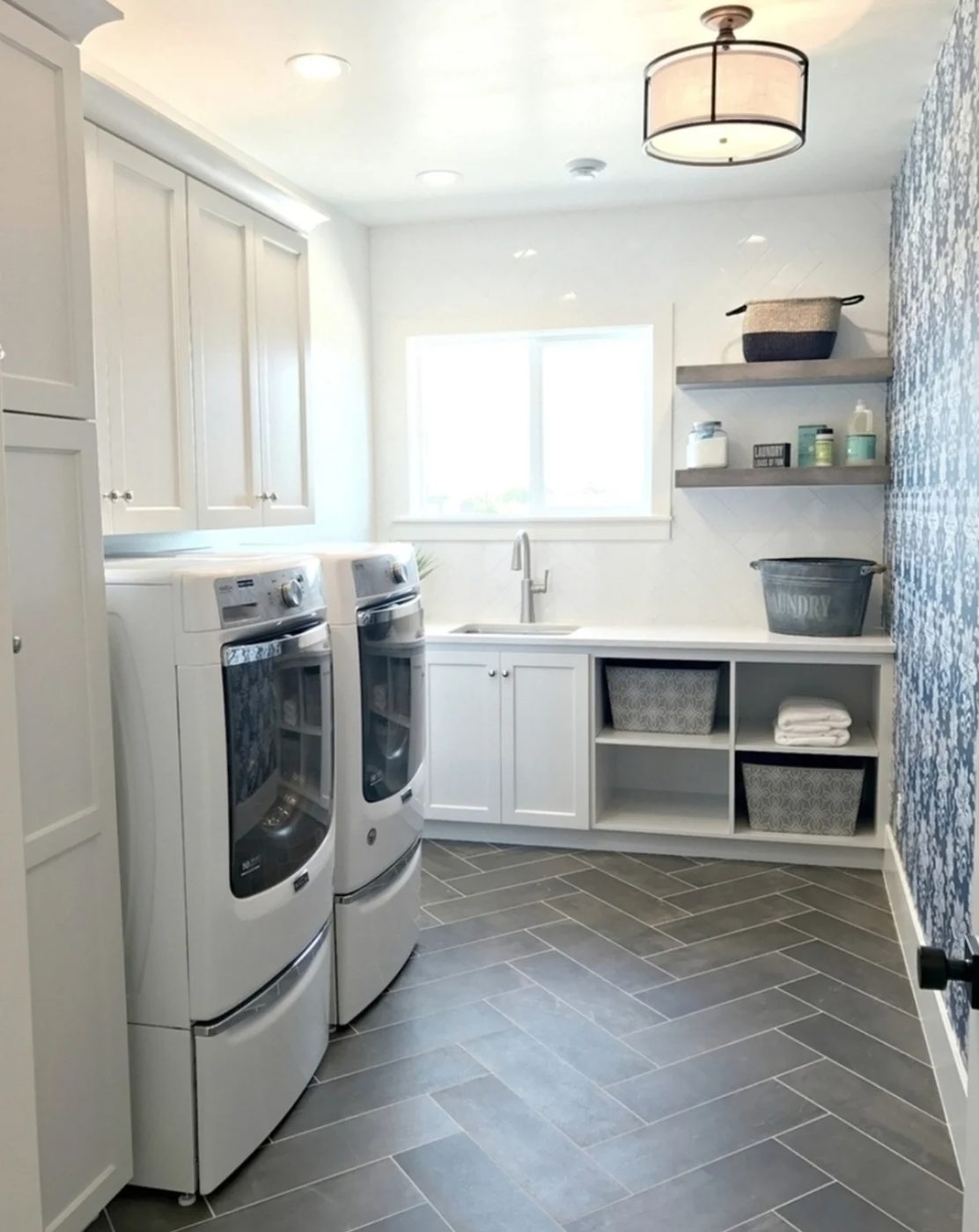 Washer And Dryer Room, Grey Herringbone Tile And Patterned Blue Wallpaper