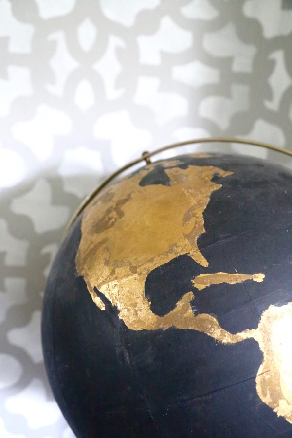 Craft paint and Gold leafing transform a thrifted globe, by Love and Renovations featured on @Bekob