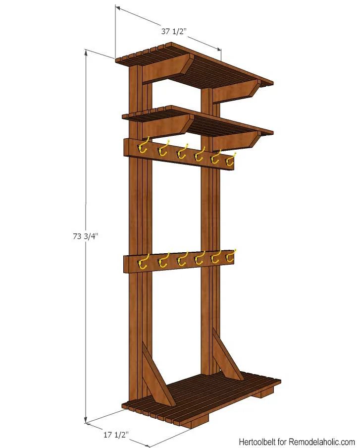 Building extra storage for your coats is straightforward with this free plan for a Handmade hall tree coat rack.