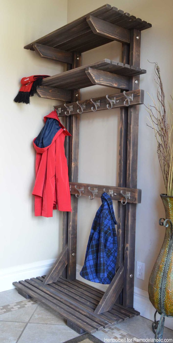 Building extra storage for your coats is straightforward with this free plan for a Handmade hall tree coat rack.