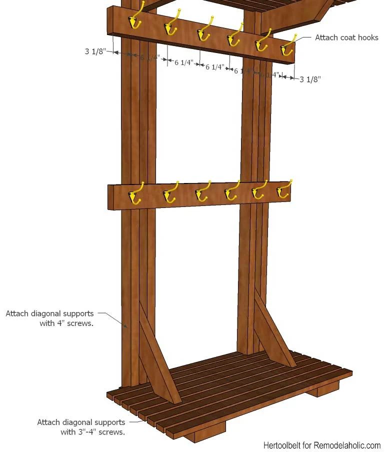 Building extra storage for your coats is straightforward with this free plan for a Handmade hall tree coat rack.