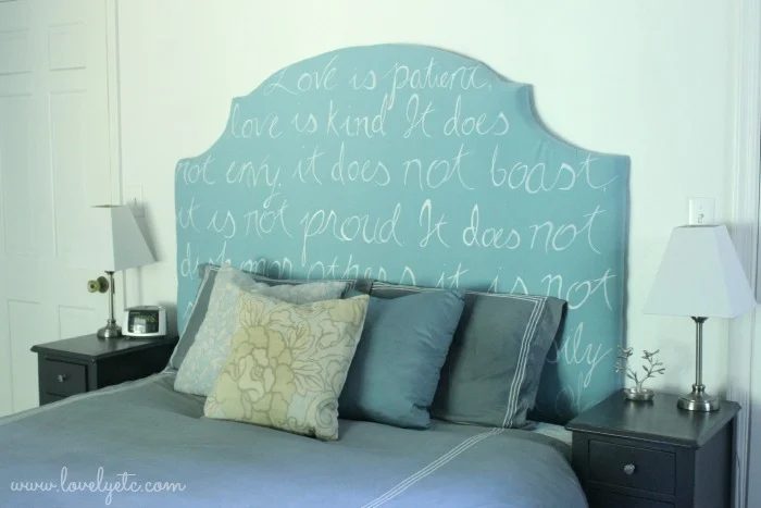 handmade upholstered headboard with handwritten verse