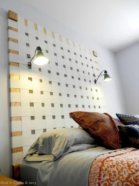 handmade woven headboard with lamps, made from vertical blinds