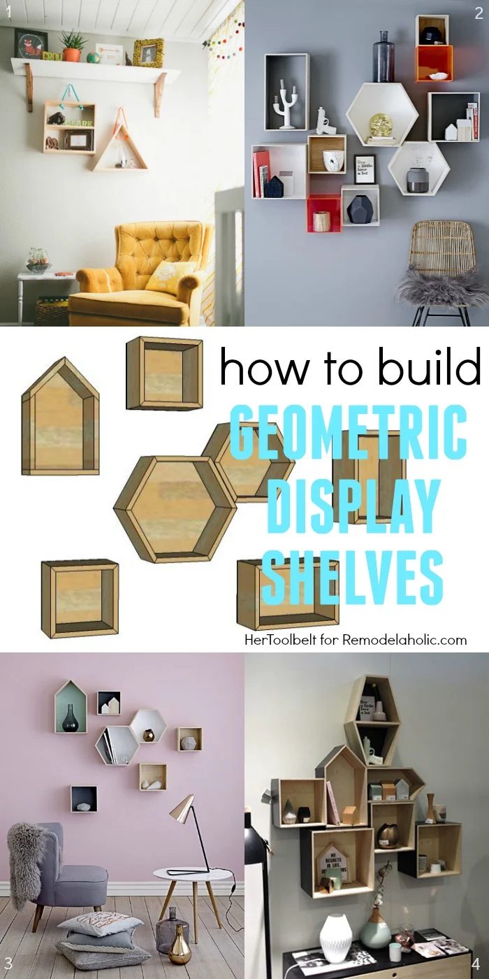 How to Build straightforward Geometric Display Shelves - direct building plans for square, rectangle, triangle, hexagon, and house-shaped wall shelves