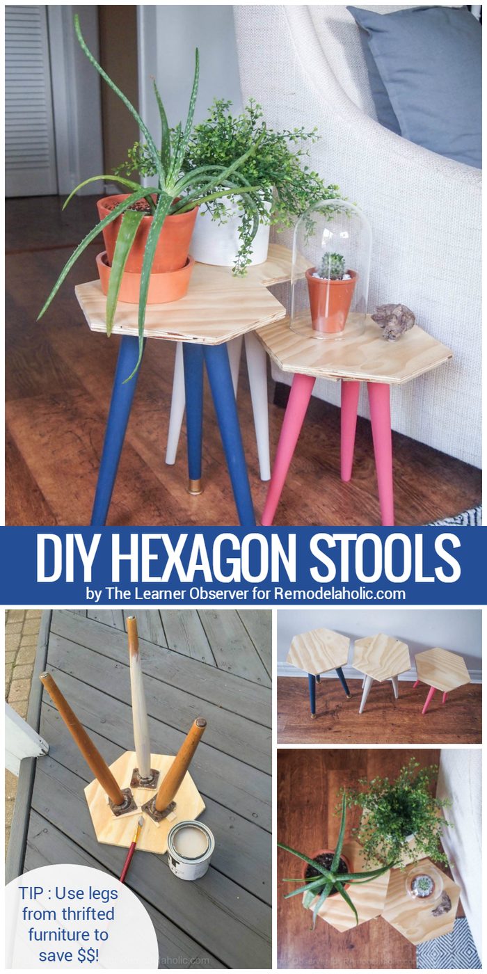 These hexagon stools are an straightforward weekend project, and you can save money by using thrifted legs and hardware instead of buying new! well fitted for a foot stool, side ta