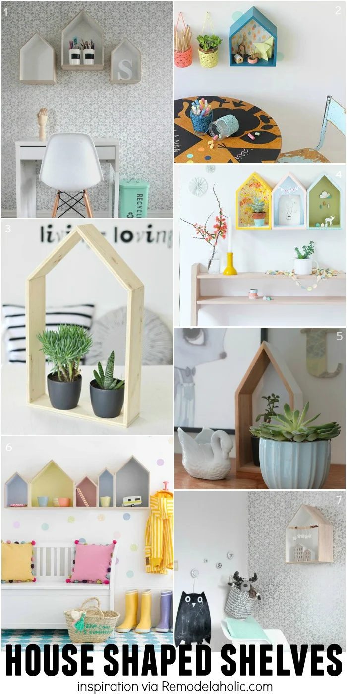 House Shaped Shelves for Inspiration - plus a building plan for the straightforward geometric shelves!