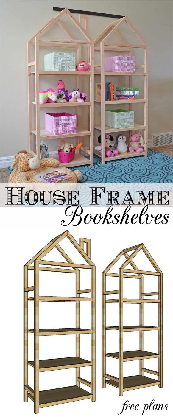 Get organized with these adorable house frame bookshelves. Free and straightforward plans to build a Handmade house frame bookshelf.