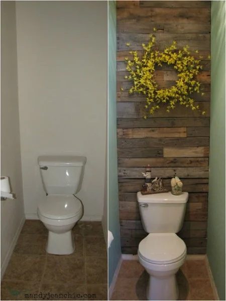 pallet wood bathroom accent wall, featured on Bekob