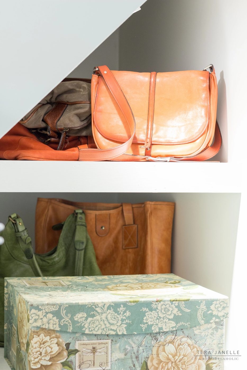solid purse organizer shelves! Create a striking boutique-style walk-in closet. Cape Cod Walk In Closet by Tera Janelle on @Bekob