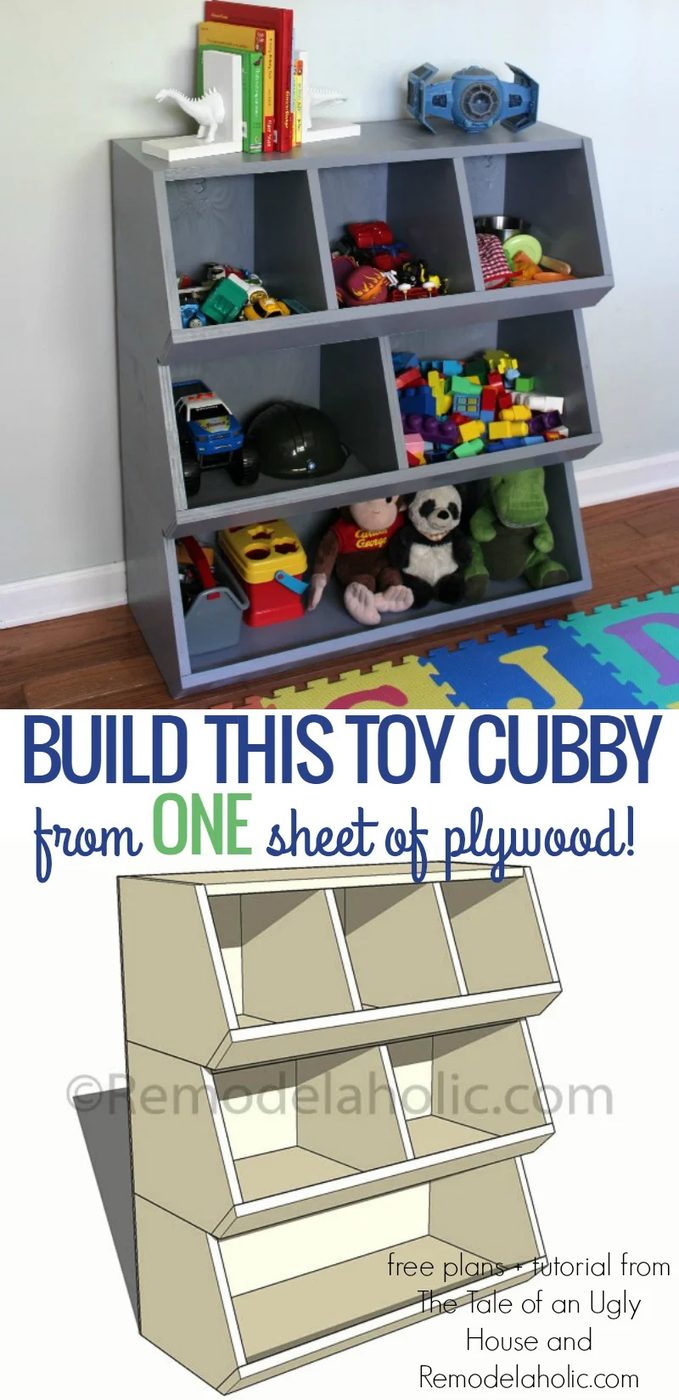 Organize kids' toys with this straightforward to build toy cubby shelf, inexpensively built using just one sheet of plywood @Bekob