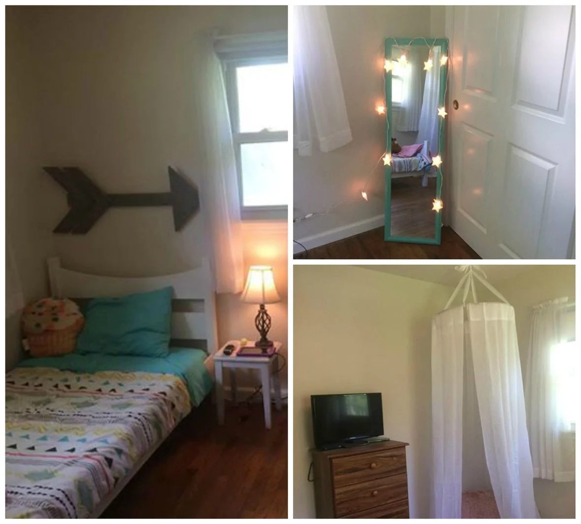 Collage Of Girls Room With Canopy Reading Nook And Lights Around Mirror