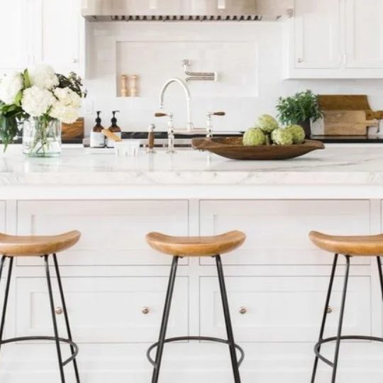 White Kitchen With Barstools With Metal Base And Wood Seat