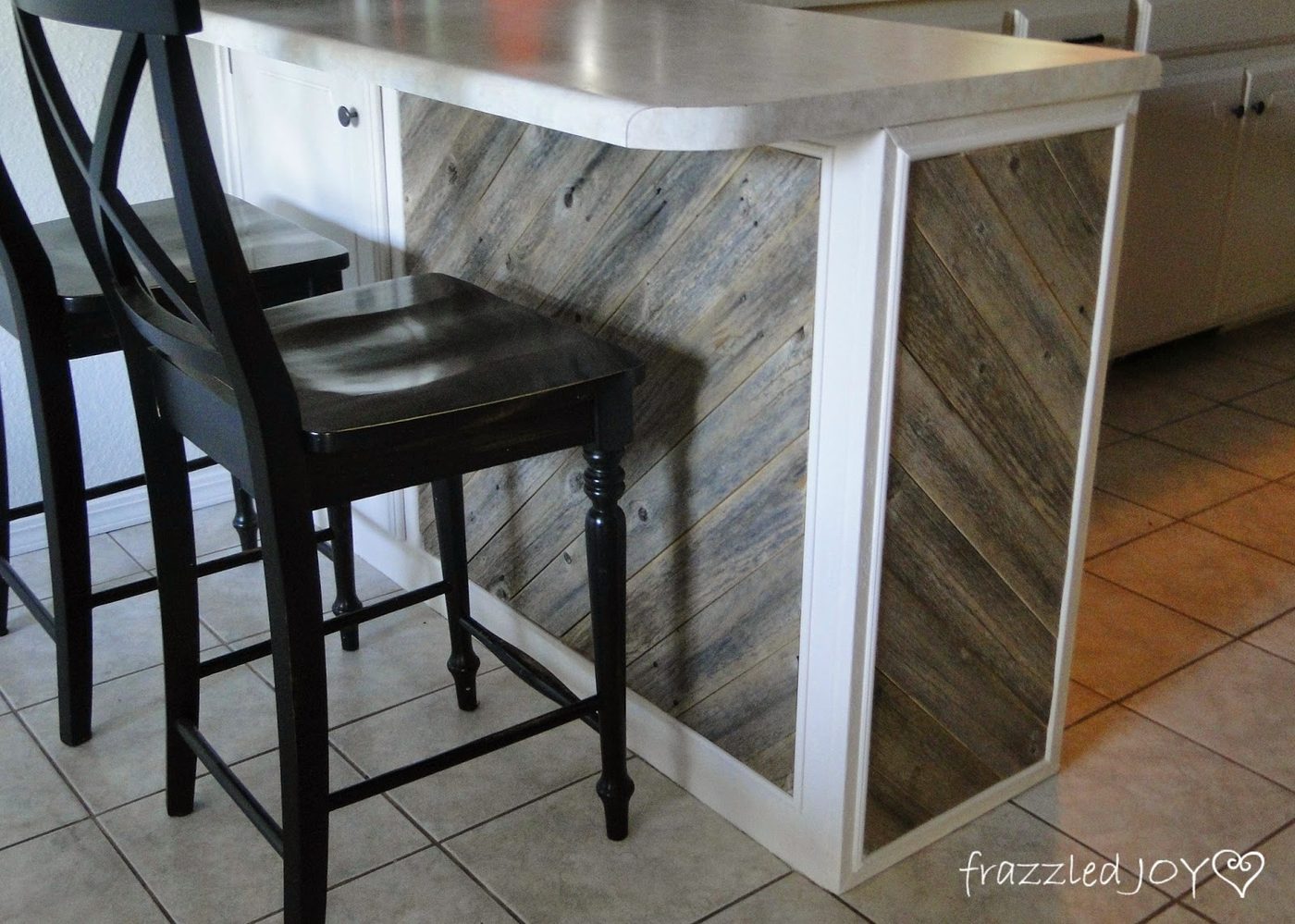 finished reclaimed wood diagonal planked kitchen island, Frazzled Joy on Bekob