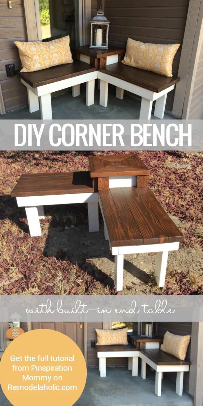 This Handmade corner bench has a built-in end table, well fitted for a front porch welcoming display or back patio seating for a BBQ or party! Learn to build it with the walkthroug