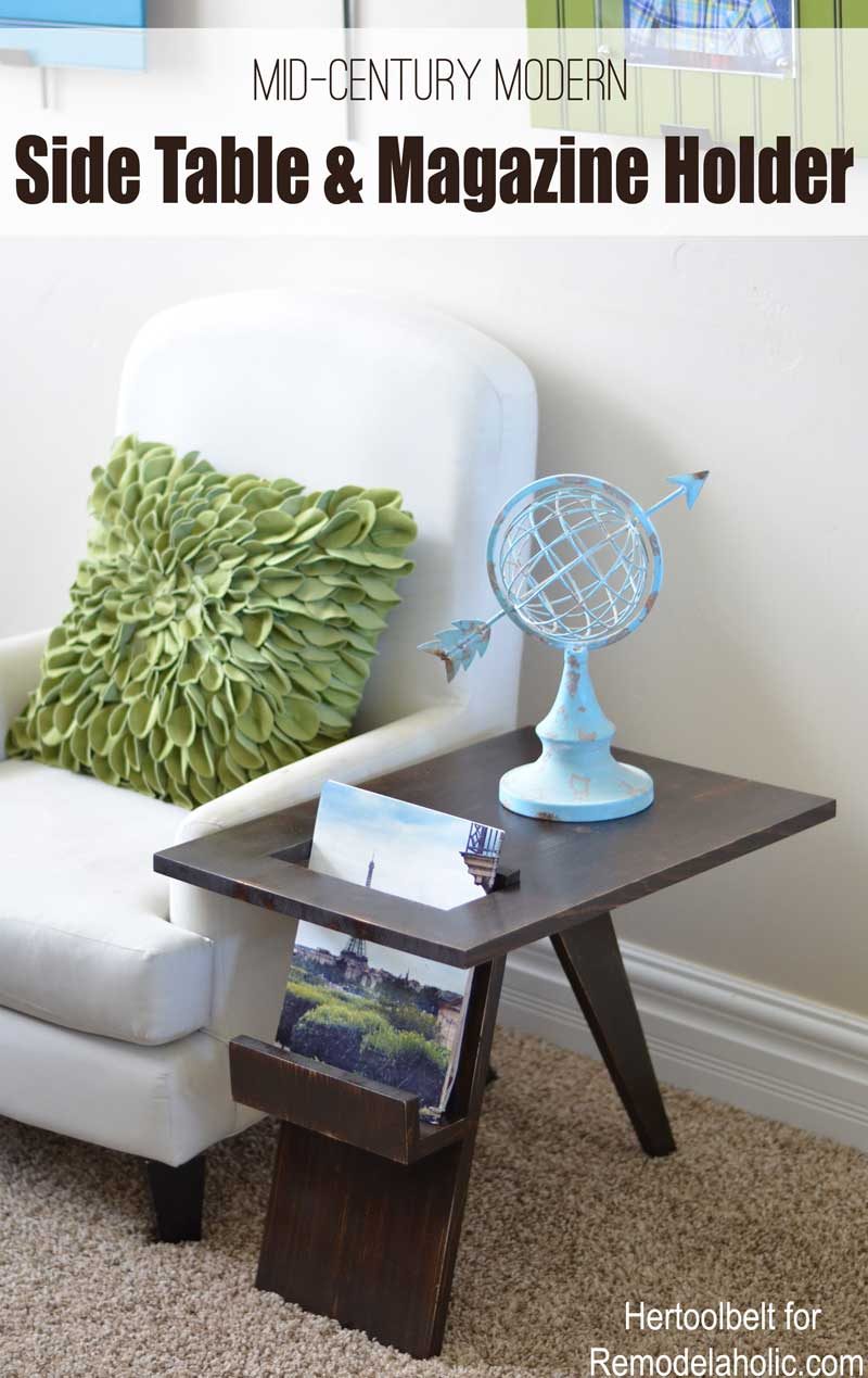 I love unexpected design features! Free plans to build a Mid-Century Modern side table with convenient magazine or book holder. Build this side table with only 1 board!