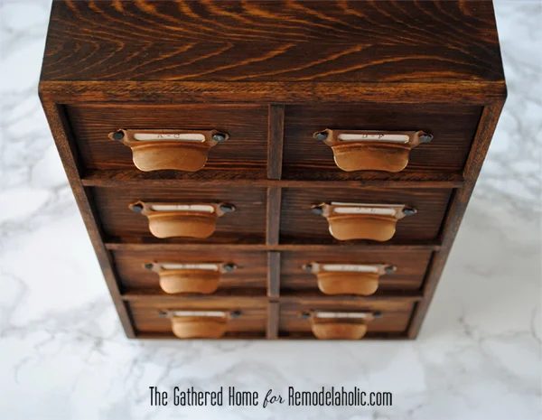 Handmade Miniature Card Catalog Storage Box | The Gathered Home for Bekob.com #cardcatalog #walkthrough #vintage
