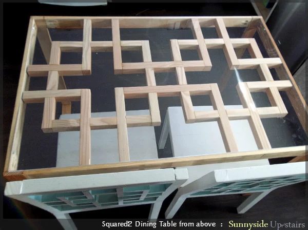 unfinished wood square lattice motif dining table, Sunnyside Upstairs featured on Bekob