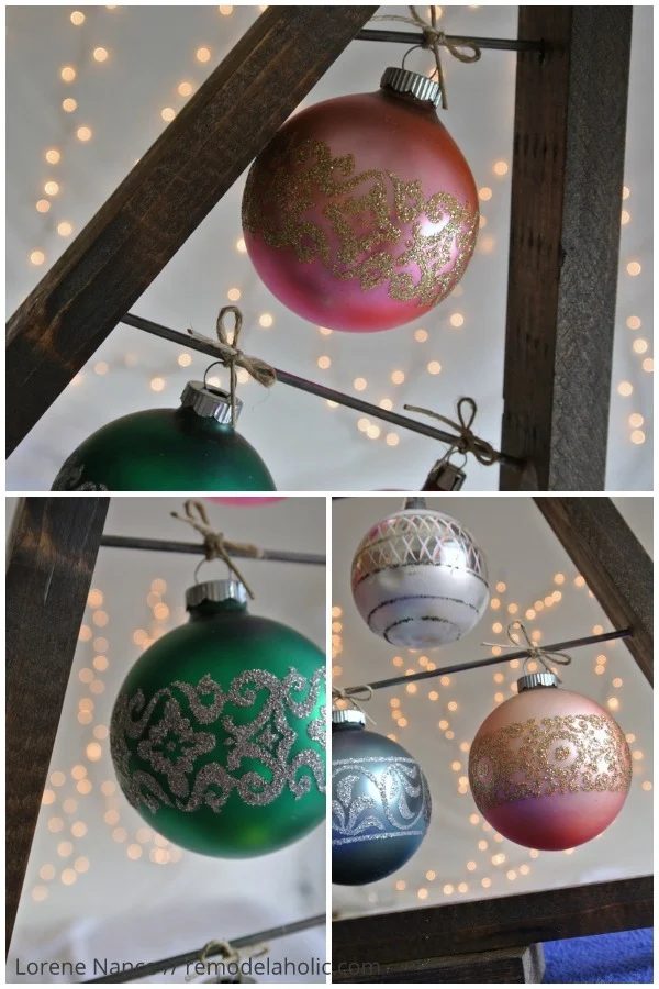 vintage glass ornaments on a knock-off Crate and Barrel ornament tree display | Knockoff the Crate and Barrel wood ornament display tree for a fraction of the price using these fre