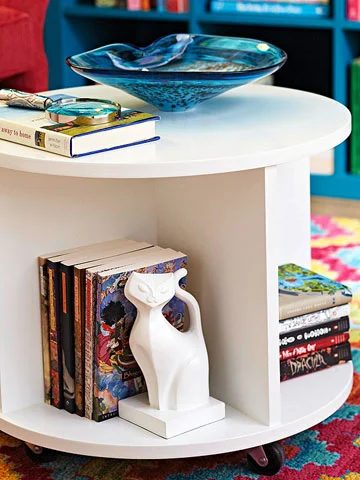 handmade ottomans | build a circular bookshelf storage ottoman, BHG