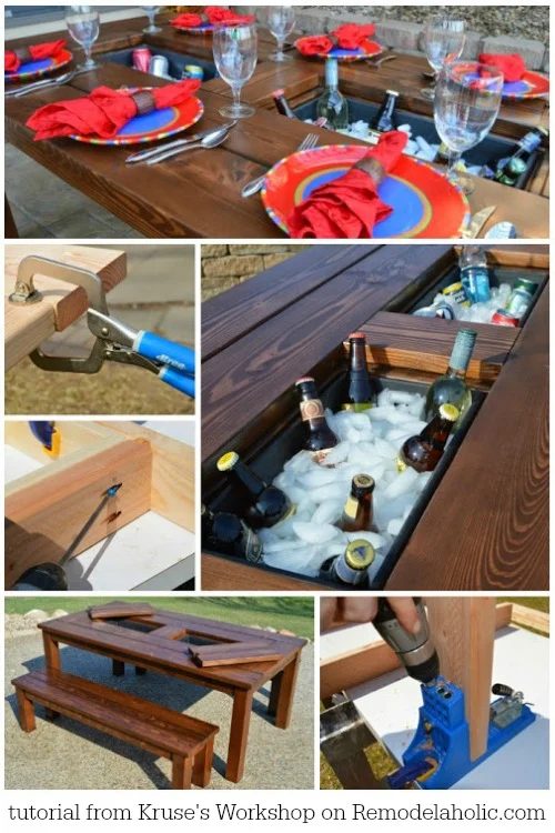 walkthrough for this solid Handmade patio table with drink coolers - Kruse's Workshop on @Bekob