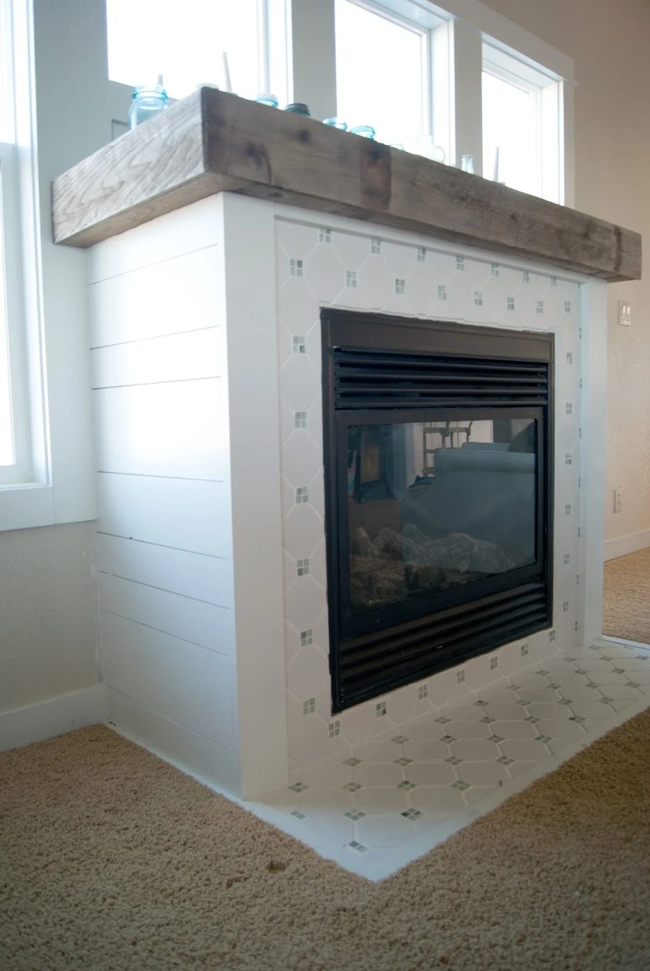 painted projects - planked white wood and tile fireplace makeover Averie Lane