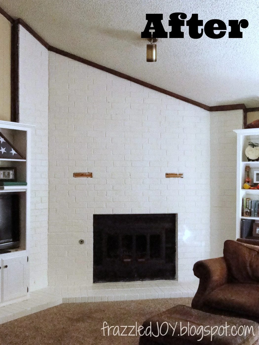 painted projects - white painted brick mantel Frazzled Joy