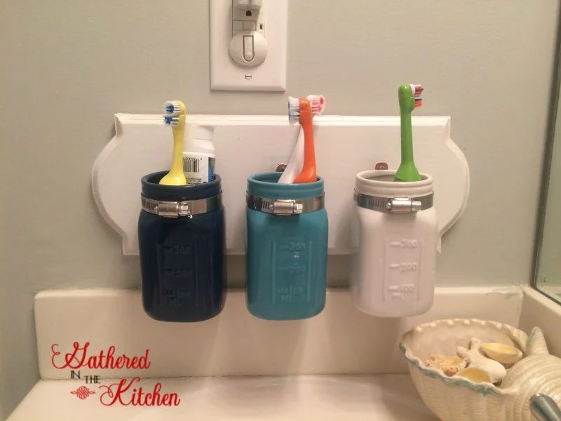 painted projects - mason jar toothbrush bathroom organizer Gathered in the Kitchen