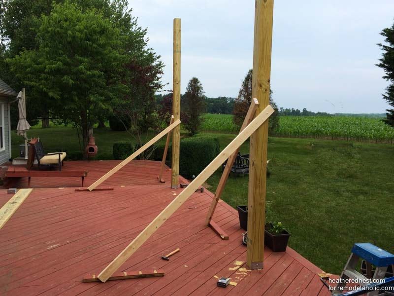 install pergola posts for a Handmade deck pergola on a raised existing deck, walkthrough and video