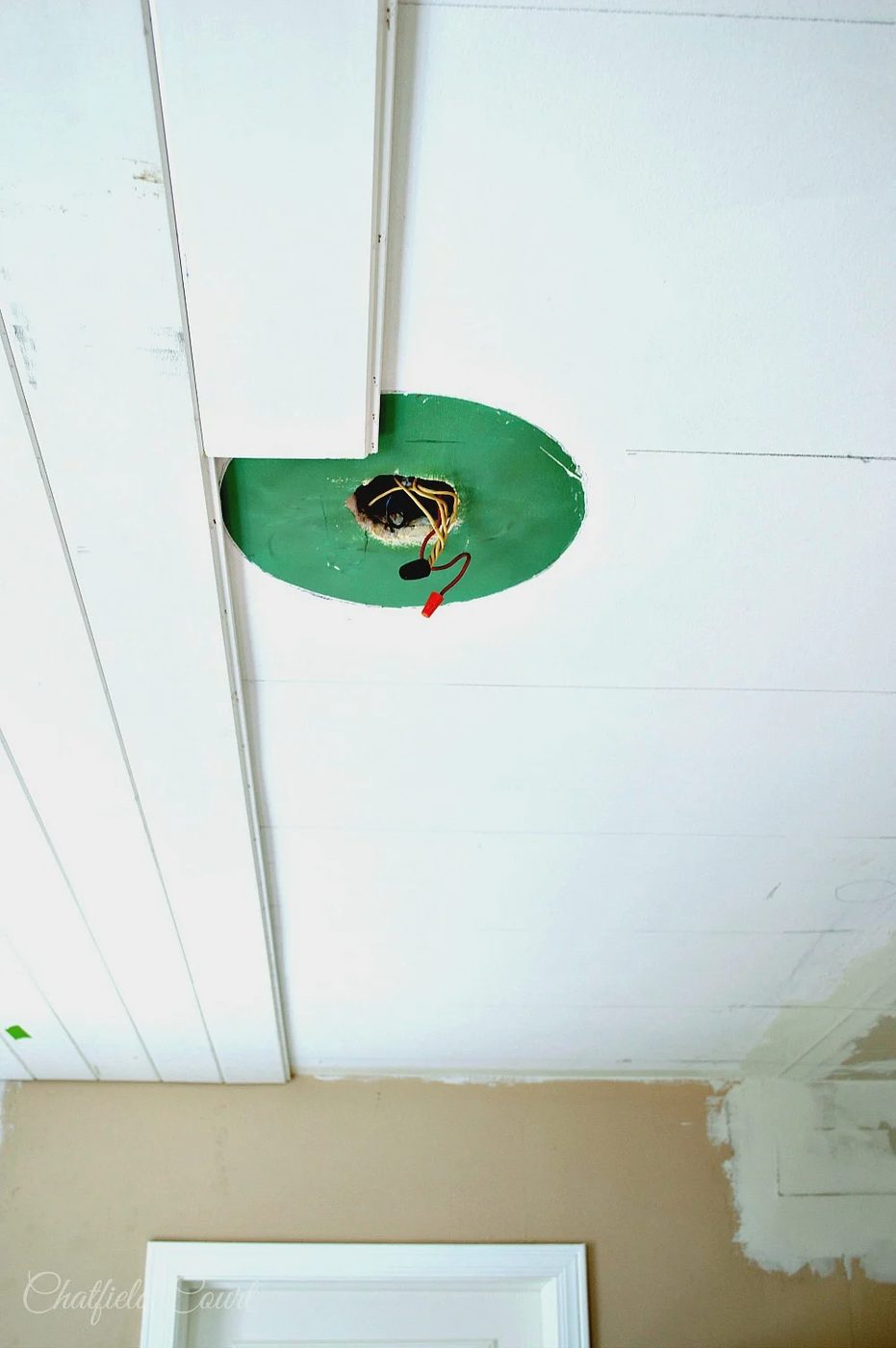 Handmade Plank board ceiling, work around a light fixture, by Chatfield Court featured on @Bekob