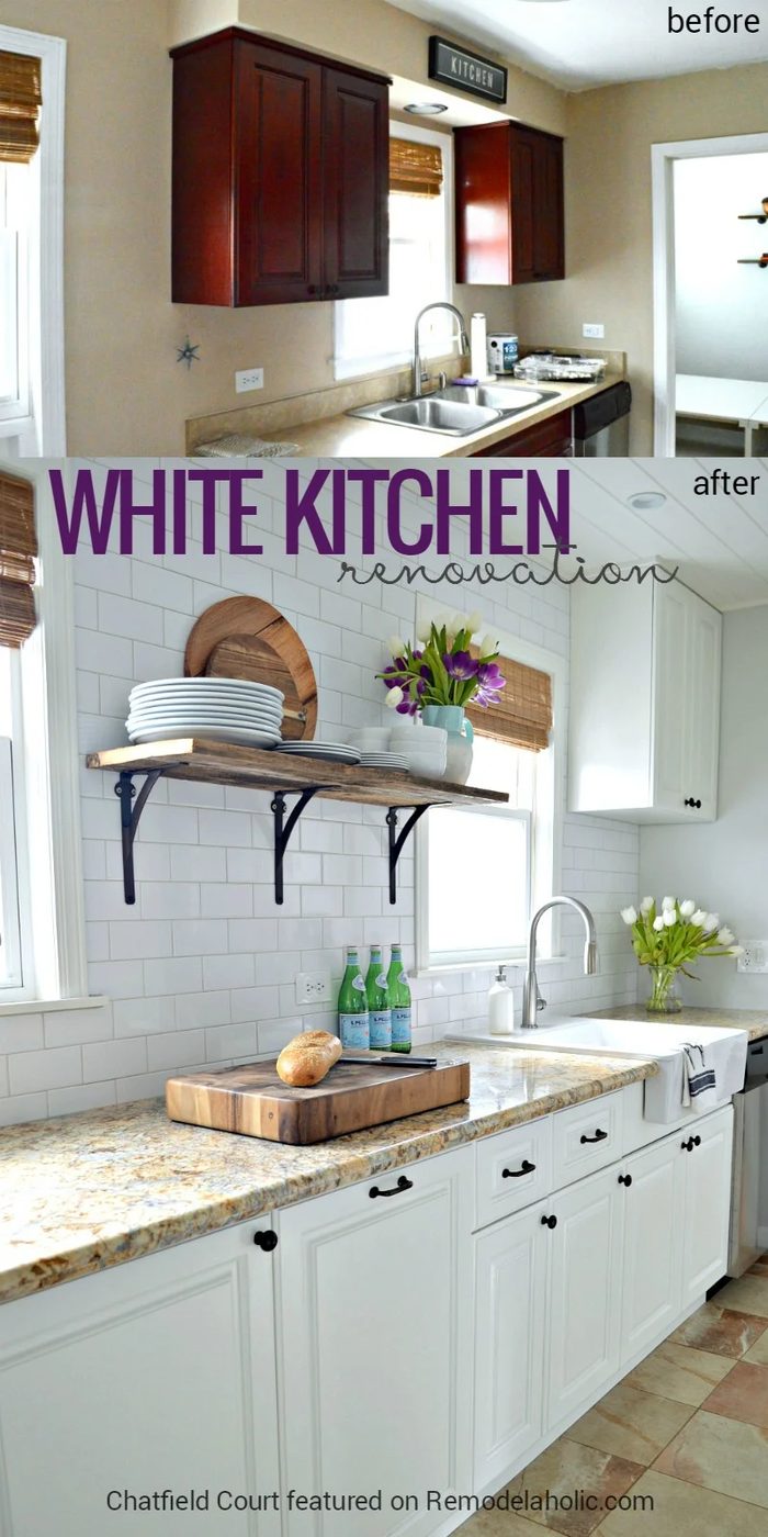 striking white kitchen renovation to replace white cabinets and add subway tile and a Handmade plank ceiling Chatfield Court on @Bekob