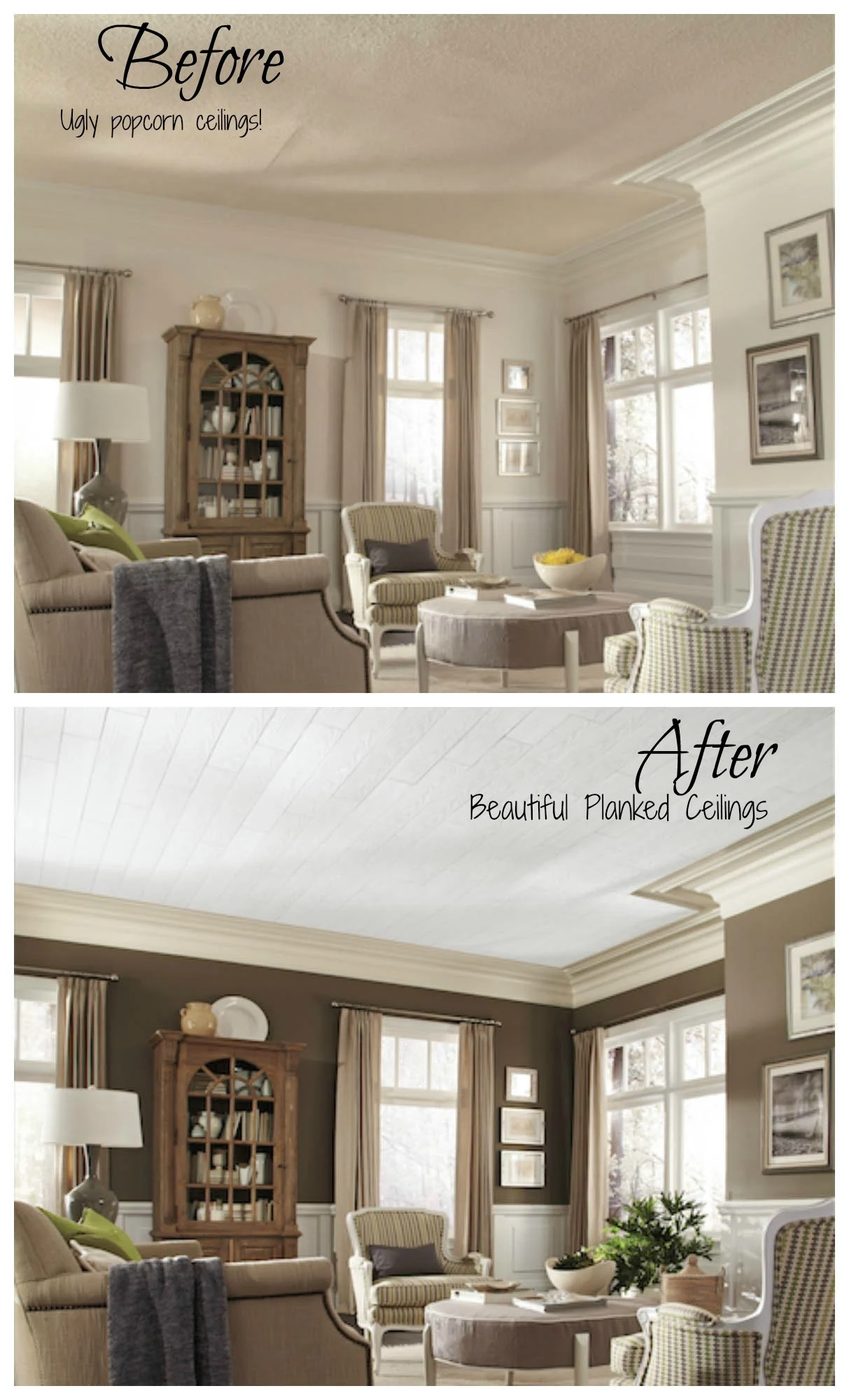 No more popcorn ceilings! Armstrong planked ceiling makeovers #thecoverup