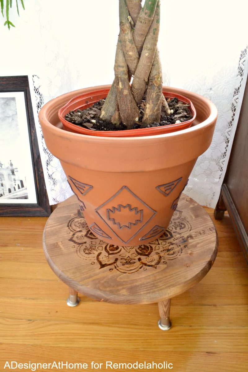 money-tree-embellished-planter-handmade-wood-burned-planter-raised-stool-stand