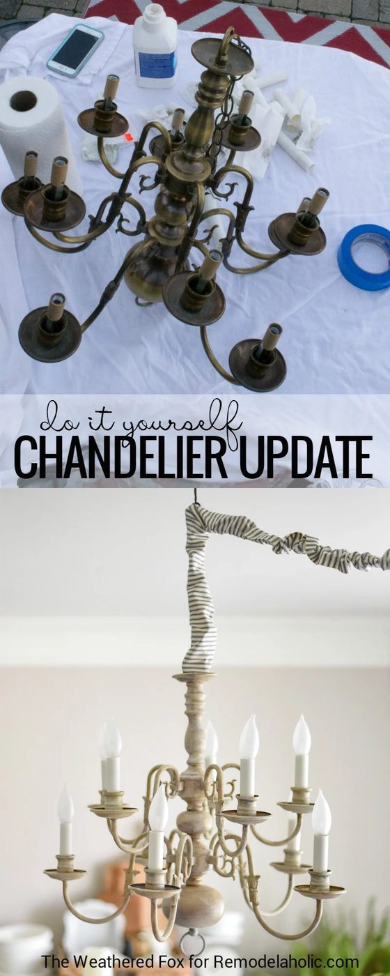 This Handmade chandelier walkthrough shows you how to paint and antique a thrift store brass light fixture and convert it from hardwired to a plug-in chandelier, plus how to make t