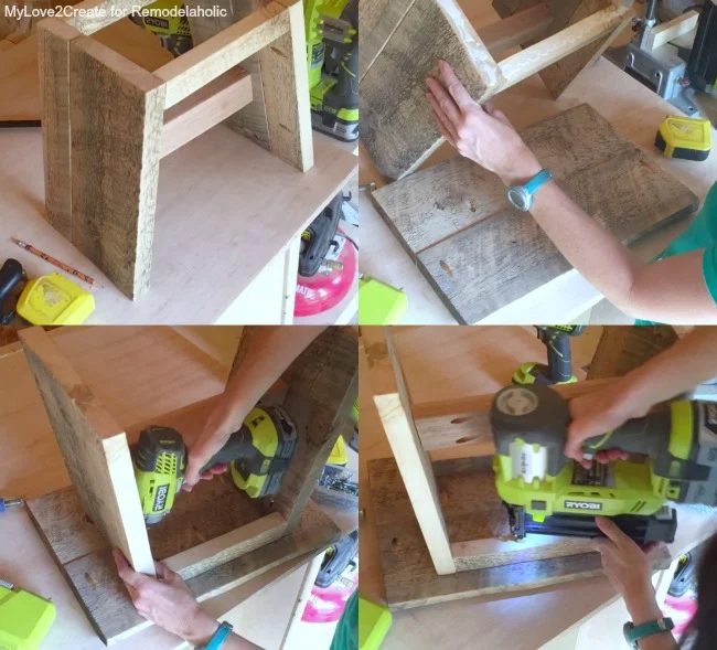 attach reclaimed wood top to Handmade stool legs