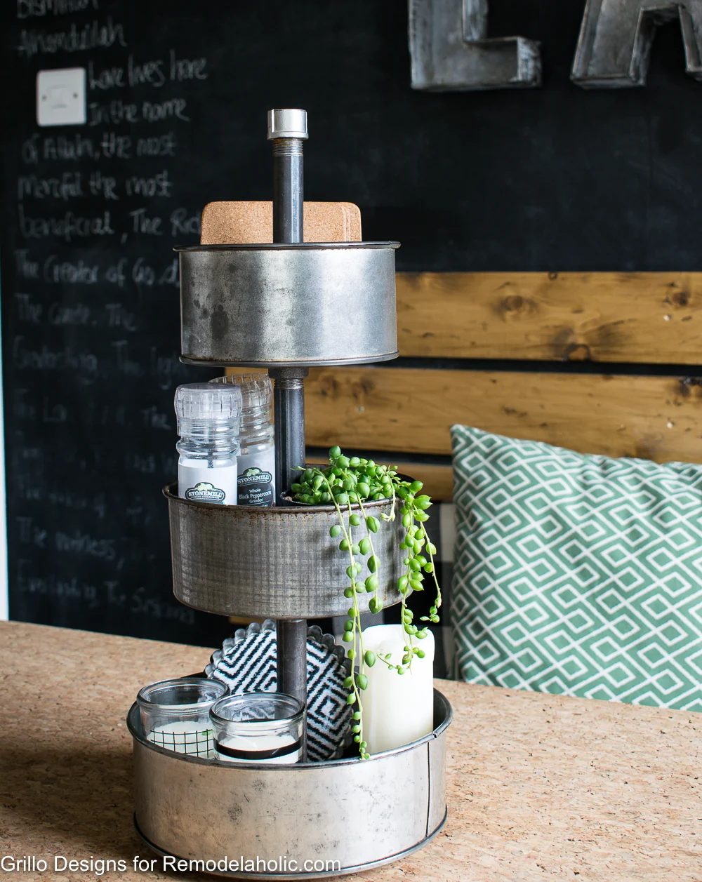 Learn to make your own Handmade rotating metal tiered tray organizer using upcycled vintage baking tins. Great for organizing craft supplies and decorating. Handmade tiered tray wa