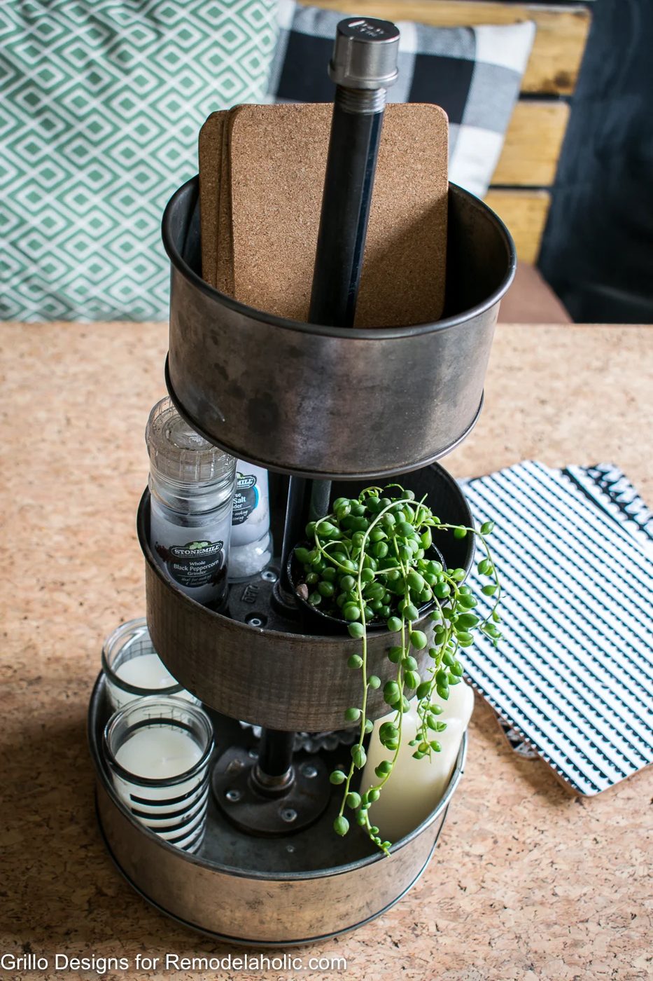 Learn to make your own Handmade rotating metal tiered tray organizer using upcycled vintage baking tins. Great for organizing craft supplies and decorating. Handmade tiered tray wa