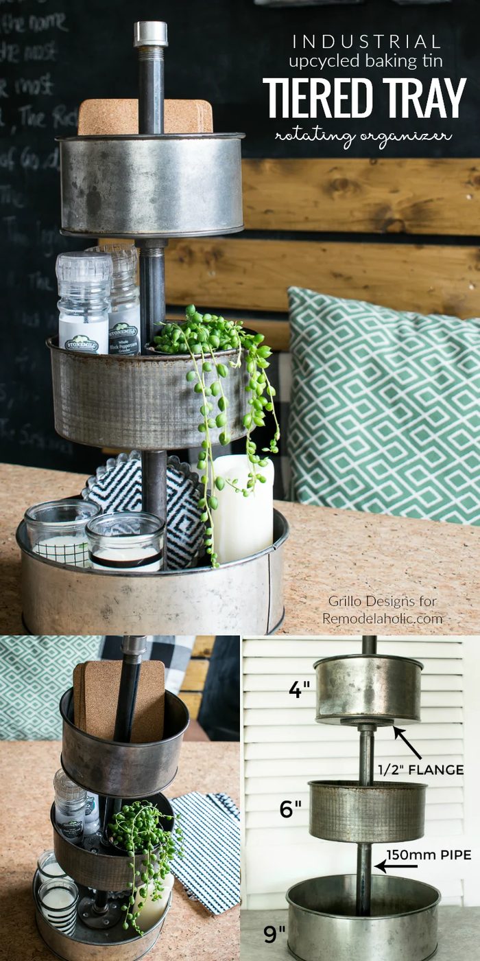 Learn to make your own Handmade rotating metal tiered tray organizer using upcycled vintage baking tins. Great for organizing craft supplies and decorating. Handmade tiered tray wa