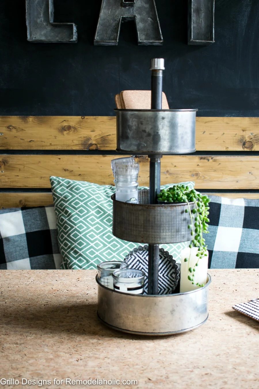 Learn to make your own Handmade rotating metal tiered tray organizer using upcycled vintage baking tins. Great for organizing craft supplies and decorating. Handmade tiered tray wa