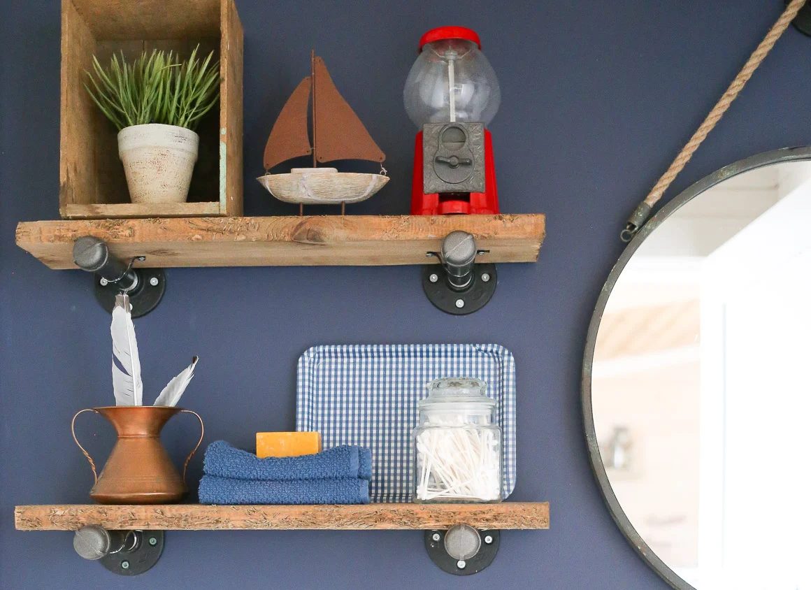 Colorful Bathroom with Handmade Reclaimed Wood and Pipe Shelves