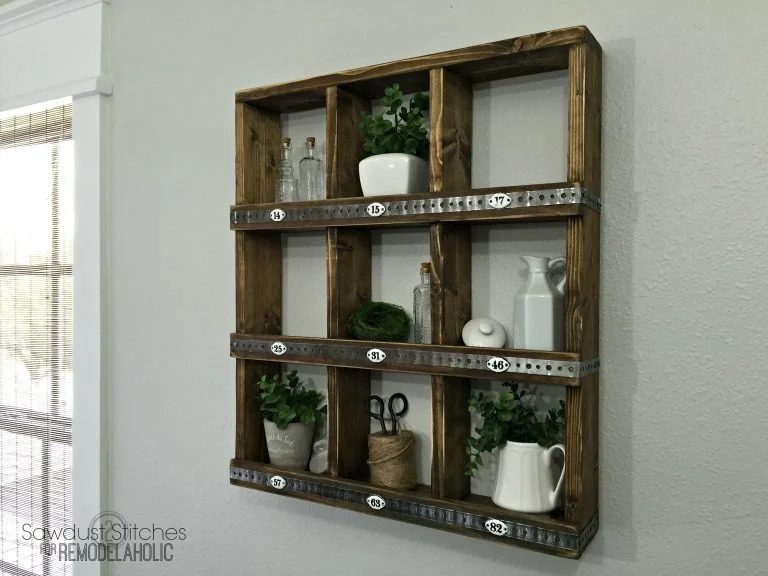 Rustic Cubby Wall Shelf Made Of Wood And Metal, Square Compartments