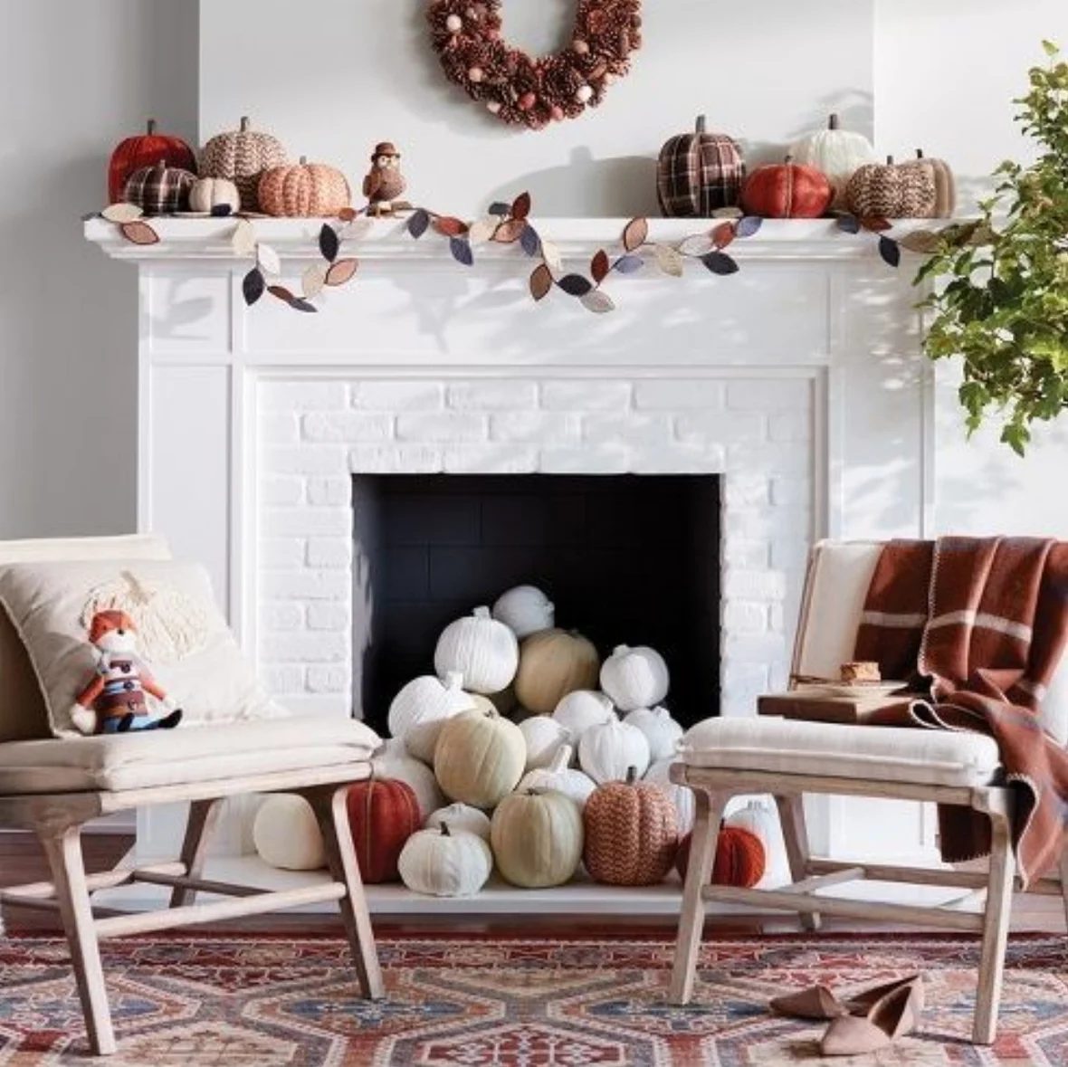 Fall Decor, Rust, Orange, White And Rown Pumpkins Falling Out Of Fireplace With Leaf Garland