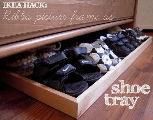 shoe storage options - use a photo frame to hold and store kids shoes, Justine Taylor