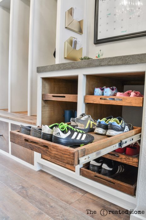 Shoe Storage option, Slide Out Shoe Storage Trays In Mudroom Cabinets, The Created Home
