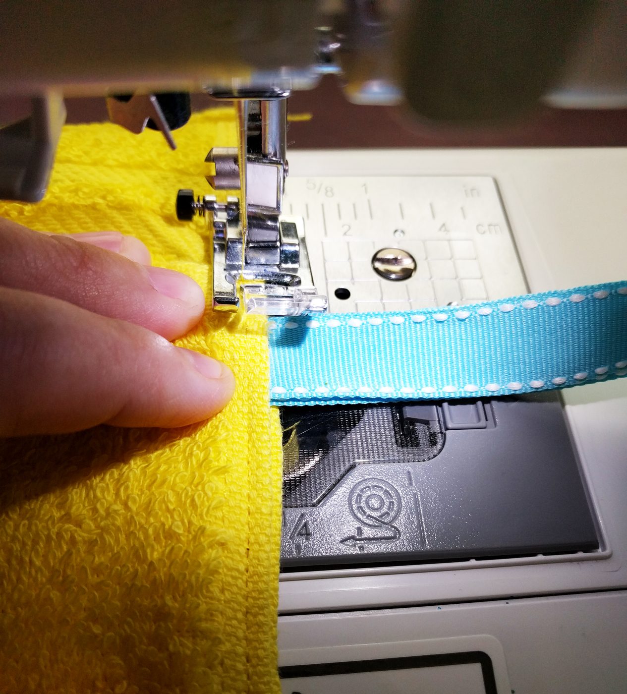 Sewing the tie side onto a shower caddy