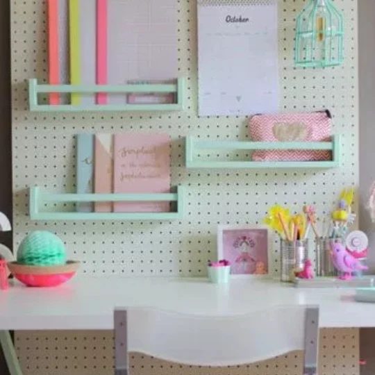 Homework Station With Bright Colors And Peg Board Wood Organizer Baskets