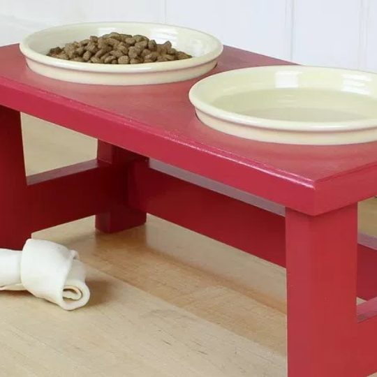 Handmade Dog Food Bowl Stand For Small Pups, Red Painted With Cream Bowls Filled With Dog Food And Water