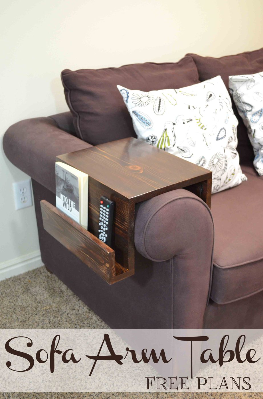 An straightforward customizable Handmade sofa arm table keeps a drink or snacks close at hand, while organizing remotes or reading material, too..