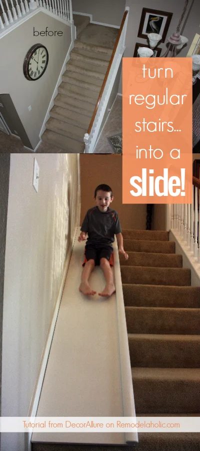 What a fun option! This straightforward Handmade stair slide would be so fun on a wide set of stairs, plus it's straightforward to remove when you need to move things up the stairs