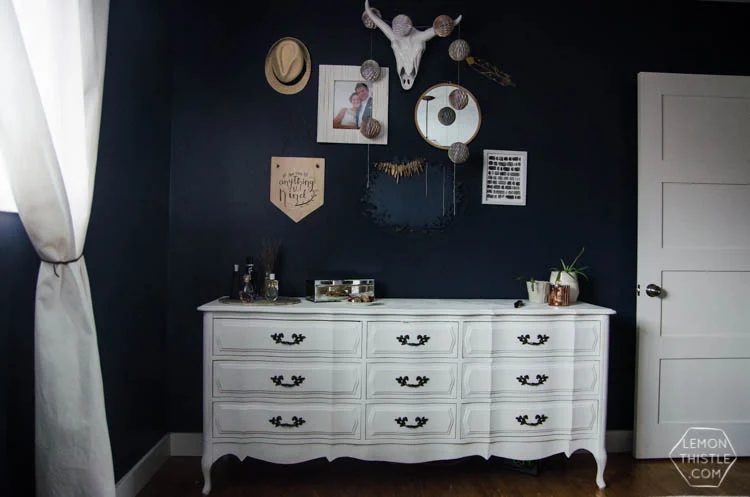 Moody Navy Bedroom with Chalk Spraypainted(!) Dressers