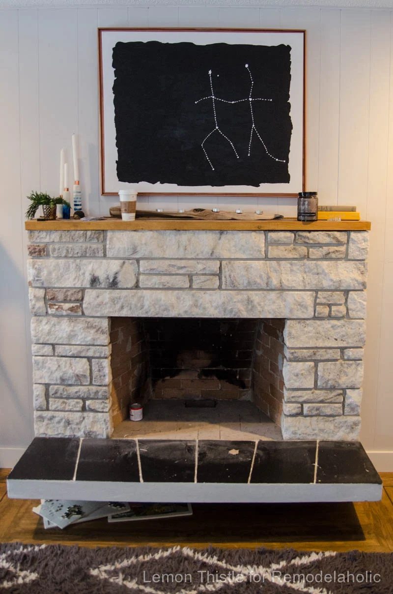 Handmade STONE FIREPLACE REFRESH WITH LIVE EDGE MANTLE
